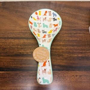 10 Strawberry Street Ceramic Dog Print Spoon Rest with Turquoise Border NWT